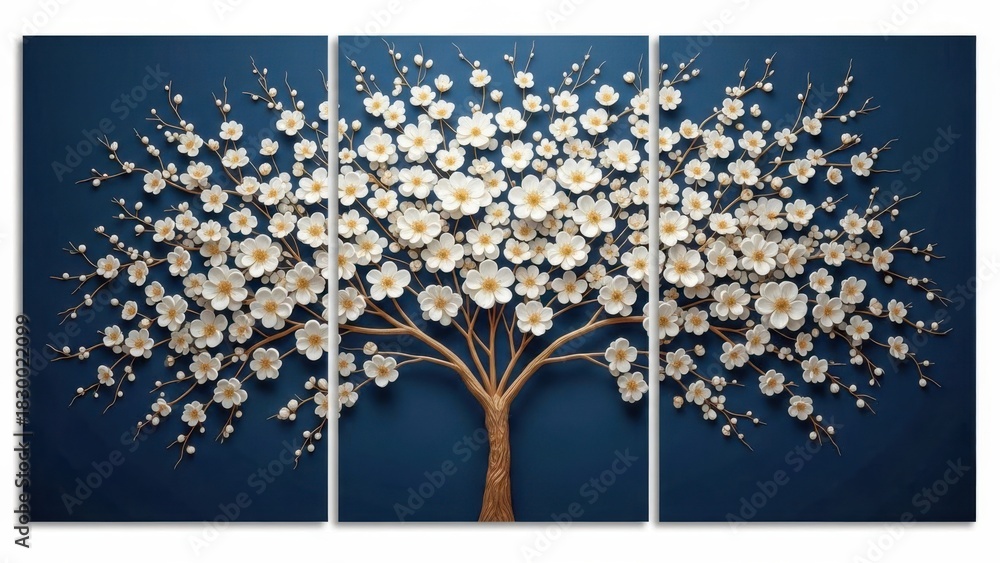 Naklejka premium Elegant triptych canvas art depicting a white blossom tree against a deep blue background