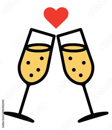 Two champagne flutes toasting with a red heart above isolated on white background