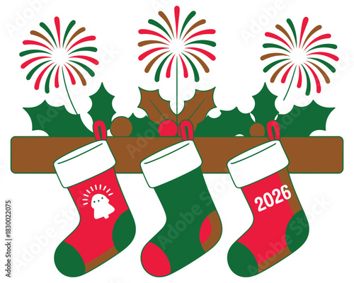 Three christmas stockings hanging under holly with firework display