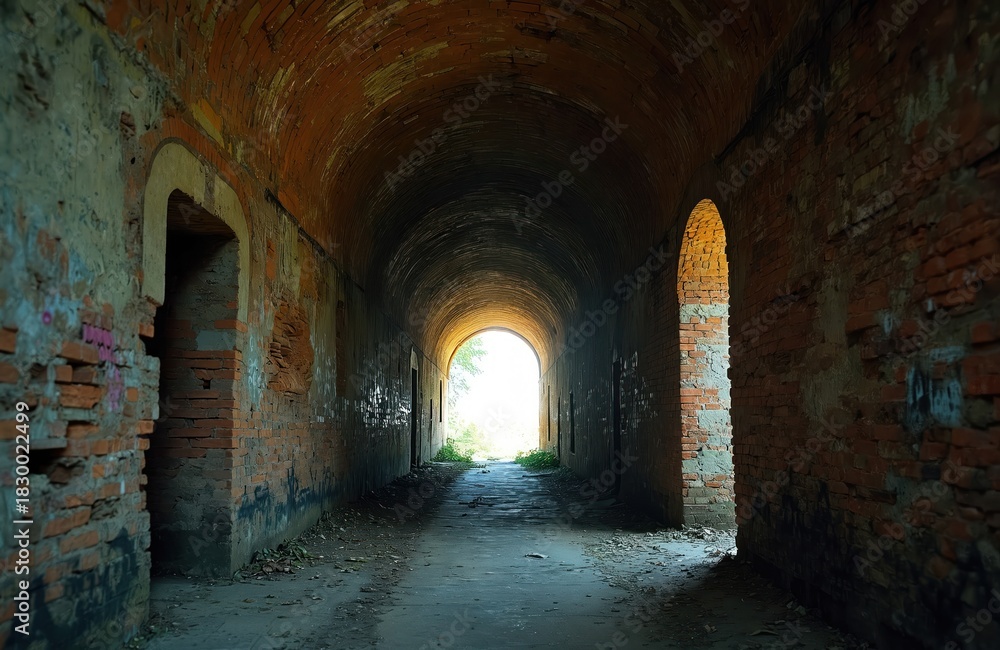 Fototapeta premium Long dark abandoned brick tunnel with vaulted ceiling shows decay, neglect. Bright light shines at far end of dusty passage, inviting urban exploration. Old industrial building grimy floor, crumbling