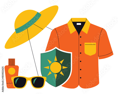 Sun protection gear including hat, shirt, shield, and glasses