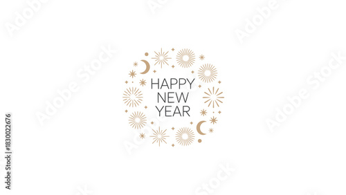 Whimsical hand drawn happy new year text surrounded by festive celestial and starburst graphics on white background