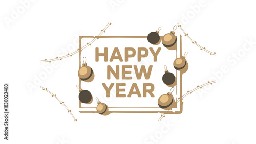 Elegant golden square frame with black and gold baubles celebrating happy new year greeting