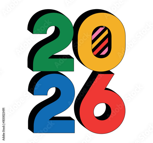 Bold, colorful numbers 2026 stacked with retro charm