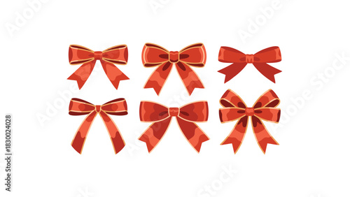Collection of six decorative red satin bows with gold trim perfect for gift wrapping and holiday celebrations