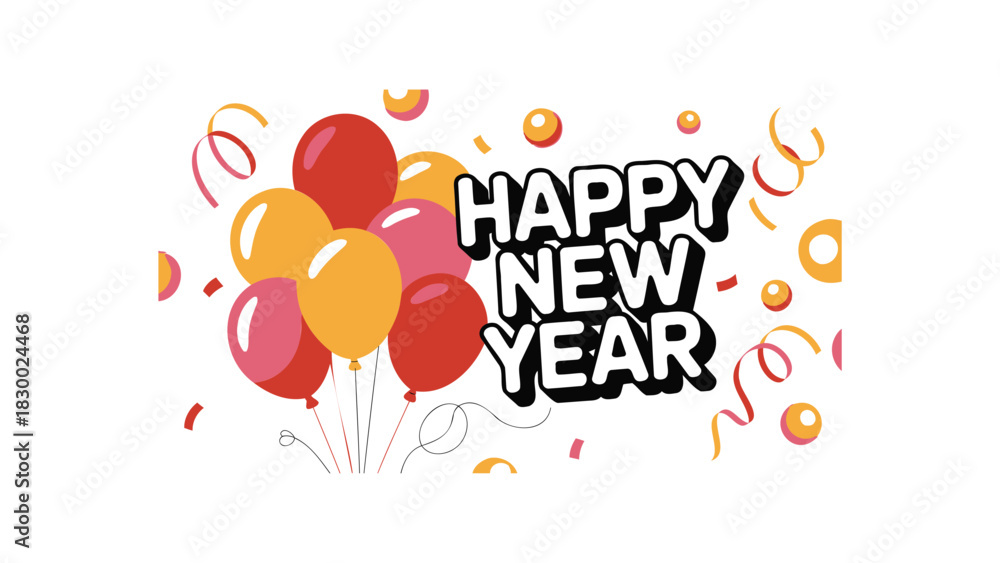 Fototapeta premium Brightly colored balloons and confetti celebrate the arrival of the happy new year holiday season