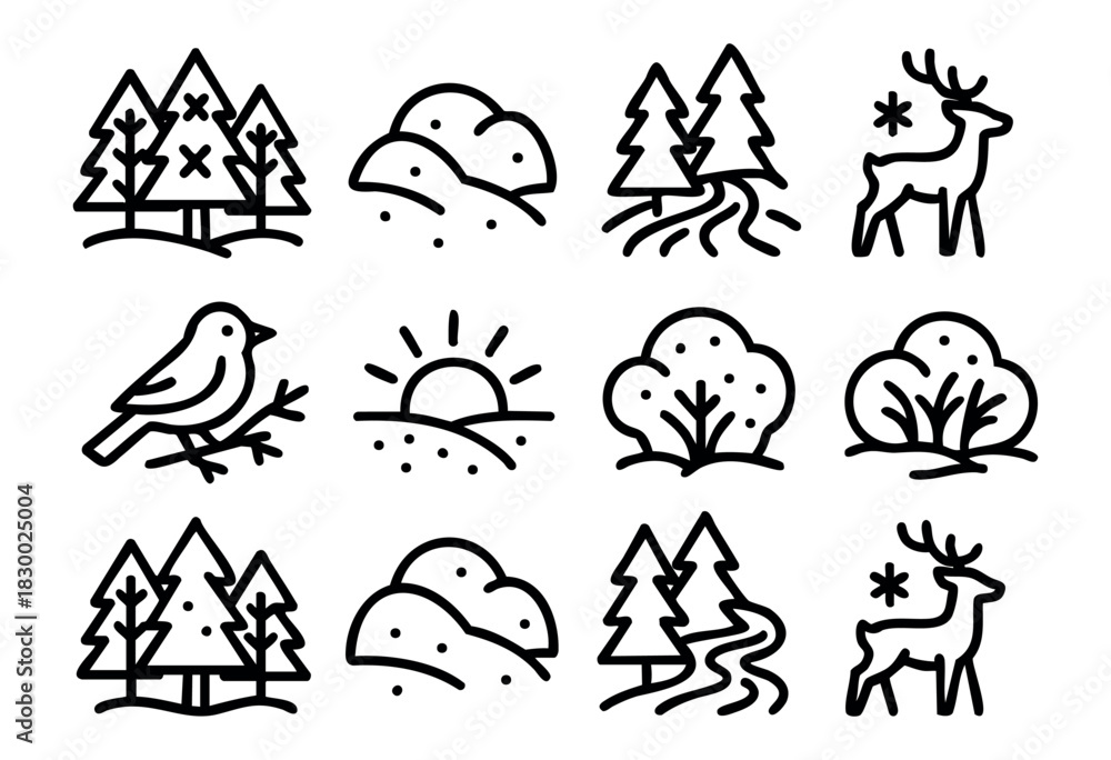 Fototapeta premium Nature and seasonal line art icon set: pine trees, deer, sun, bird, bushes, and hills depicted in a thin stroke style.