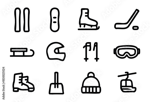 A collection of black outline icons representing various winter sports equipment, accessories, and activities including skis, snowboard, ice skate, hockey stick, sled, helmet, ski poles, goggles, boot