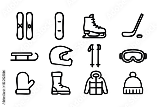 A collection of black outline icons representing various winter sports equipment, accessories, and activities including skis, snowboard, ice skate, hockey stick, sled, helmet, ski poles, goggles, boot