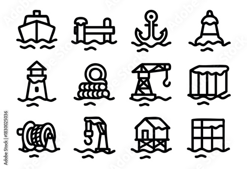 A collection of 12 nautical and maritime line icons, featuring a boat, pier, anchor, lighthouse, various buoys, a port crane, and cargo containers, all rendered in a clean, black and white outline sty