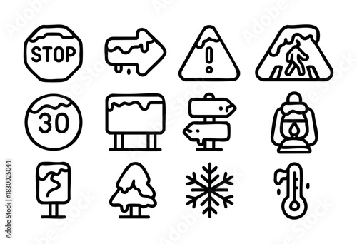 A collection of hand-drawn line icons featuring various traffic and warning signs, street elements, all rendered with a distinctive melting or dripping effect.