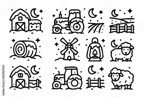 Monochrome line art icons depicting various farming and agricultural elements such as barns, tractors, sheep, windmills, and a hay bale, set against a nighttime winter landscape with snow, crescent mo