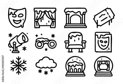 A collection of black line art icons representing winter theatre and performing arts, featuring snow-covered masks, curtains, tickets, opera glasses, spotlight, and a theatre seat, surrounded by snowf
