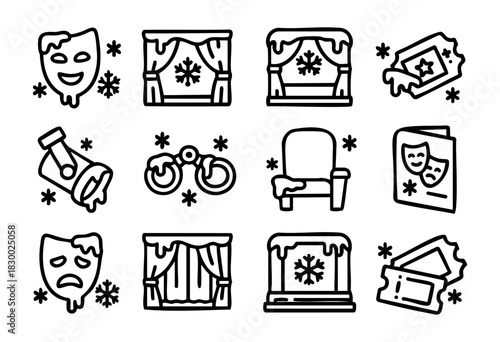 A collection of black line art icons representing winter theatre and performing arts, featuring snow-covered masks, curtains, tickets, opera glasses, spotlight, and a theatre seat, surrounded by snowf