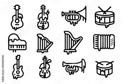 A collection of twelve diverse musical instrument icons, including guitars, violins, trumpet, drum, pianos, harp, flute, and accordion, rendered in a distinctive hand-drawn, thick outline style with w