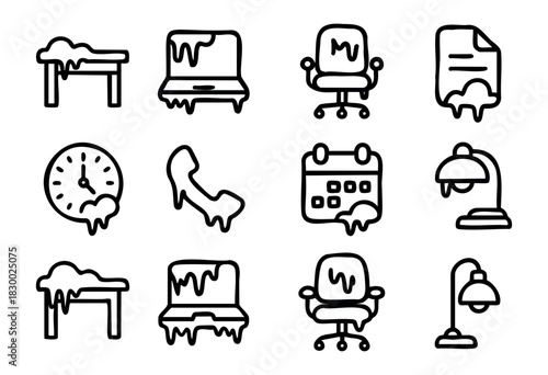 A collection of melting office item icons, including a desk, laptop, office chair, document, clock, telephone, calendar, and desk lamp, illustrated in a surreal line art style.