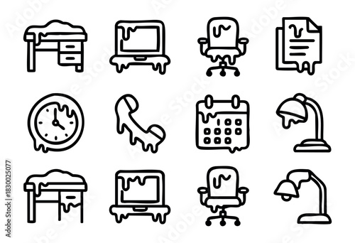 A collection of melting office item icons, including a desk, laptop, office chair, document, clock, telephone, calendar, and desk lamp, illustrated in a surreal line art style.