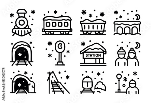 A collection of winter train and village icons, featuring elements like snowy trains, railway tunnels, houses, a bridge, a signal, and figures under a night sky with moon and stars, all rendered in a 
