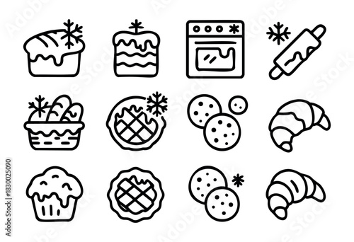 A collection of line art icons depicting baked goods and baking tools, including Christmas bread, cakes, pies, cookies, croissants, muffins, an oven, and a rolling pin, many adorned with snowflakes, a