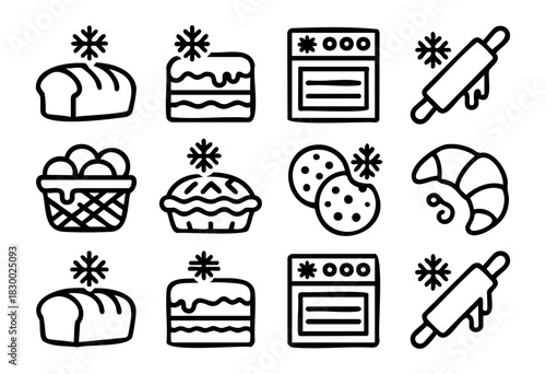 A collection of line art icons depicting baked goods and baking tools, including Christmas bread, cakes, pies, cookies, croissants, muffins, an oven, and a rolling pin, many adorned with snowflakes