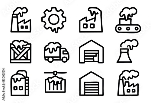 A collection of industrial vector icons, featuring elements like factories, a gear, conveyor belts, a delivery truck, warehouses, and a cooling tower, all depicted in a hand-drawn outline style.