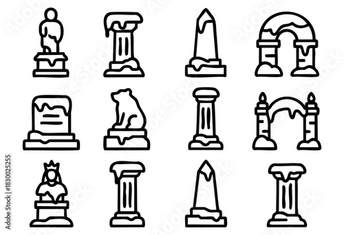A collection of snow-covered monuments: statues, columns, obelisks, and archways, presented as minimalist black line icons on a white background.