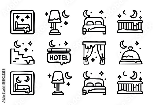 A collection of black and white line art icons depicting various hotel and sleeping-related concepts, including beds, a bedside lamp, a hotel sign, reception bell, curtains, and a balcony, all featuri