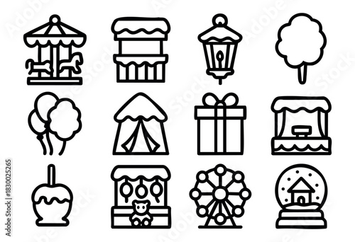 A collection of carnival and amusement park themed outline icons, featuring a merry-go-round, ferris wheel, game stalls, and various treats and festive elements.