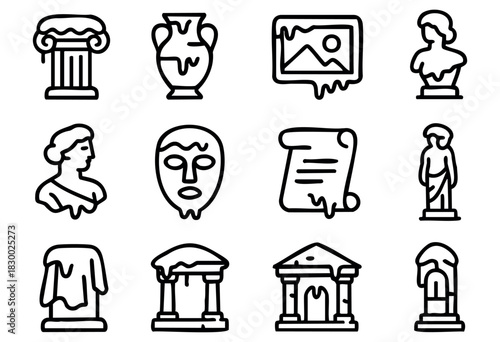 A collection of classical art and architecture icons including Roman columns, ancient Greek vases, framed paintings, human busts, theatrical masks, and an ancient scroll, with stylized melting element