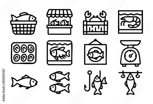 A collection of line art icons depicting various aspects of fish and seafood, including market stalls, fishing activities, preparation, and related tools.