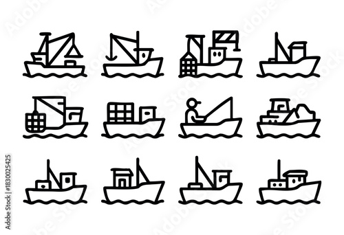 A collection of various outline boat icons, depicting fishing vessels, cargo ships, and other workboats, floating on waves, rendered in a thick, hand-drawn line style on a white background.
