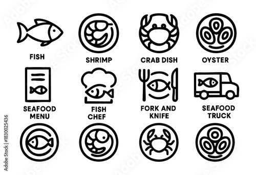 A collection of black outline seafood icons, featuring fish, shrimp, crab, oysters, a menu, a chef's hat, cutlery, and a delivery truck, all presented in a minimalist line art style.