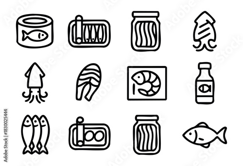 A collection of line art icons depicting various seafood and fish products, including canned fish, preserved sardines, fish in jars, squid, shrimp, and packaged fish fillets and strips, presented in a
