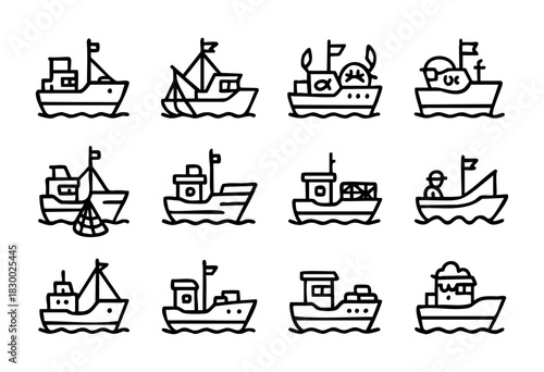 A collection of various outline boat icons, depicting fishing vessels, cargo ships, and other workboats, floating on waves, rendered in a thick, hand-drawn line style on a white background.