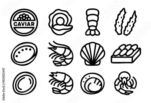A set of minimalist line art icons depicting various seafood, including caviar, shrimp, crab, fish, lobster, oysters, scallops, abalone, sushi, and a lemon wedge.