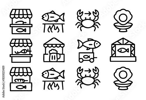 A set of black line icons depicting seafood market elements, including various fish stalls, grilled fish, crabs, oysters, and a beer stand.