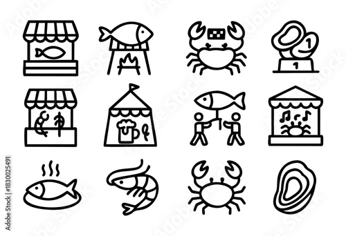 A set of black line icons depicting seafood market elements, including various fish stalls, grilled fish, crabs, oysters, and a beer stand.
