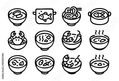 Seafood and Asian cuisine soup icons featuring various bowls and pots containing fish, crab, shrimp, noodles, vegetables, and steaming hot liquid, all rendered in a simple black and white line art sty
