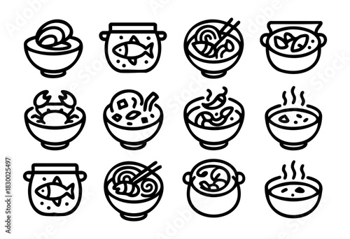 Seafood and Asian cuisine soup icons featuring various bowls and pots containing fish, crab, shrimp, noodles, vegetables, and steaming hot liquid, all rendered in a simple black and white line art sty