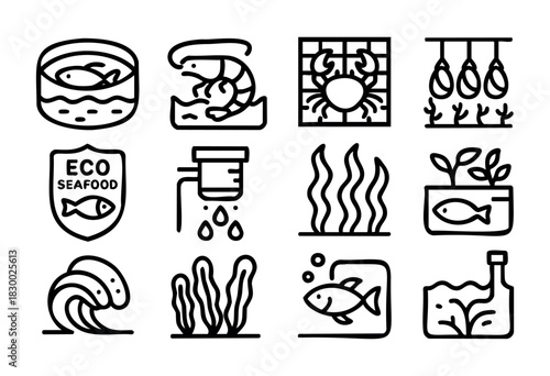 A collection of line art icons depicting various aspects of aquaculture and seafood farming, including fish in tanks, shrimp, crabs, oysters, eco-friendly certifications, water purification, seaweed, 