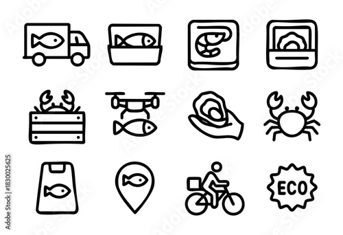 Seafood delivery services, featuring various methods like truck, drone, hand truck, and online ordering, with an emphasis on fresh, eco-friendly options, presented as a collection of black outline ico