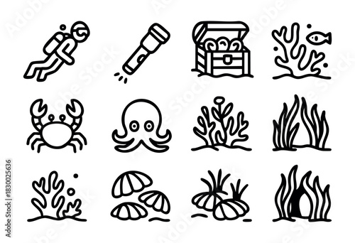 A collection of underwater life and diving icons: diver, octopus, crab, fish, treasure chest, and various sea plants and caves, presented in a simple black outline style.