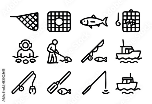 A collection of 12 black line icons representing various fishing activities and equipment, including fishing nets, rods, boats, fish, traps, divers, and fishermen.