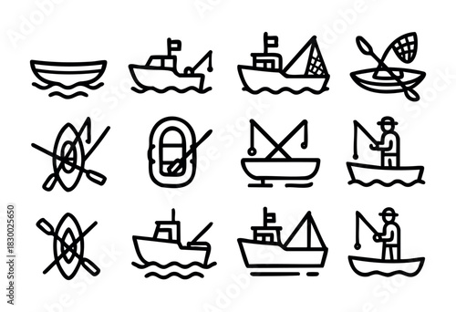 A comprehensive collection of fishing gear icons, including a fishing rod, reel, hooks, lures, tackle boxes, floats, a bucket, and a line spool, presented as simple black line art on a white backgroun
