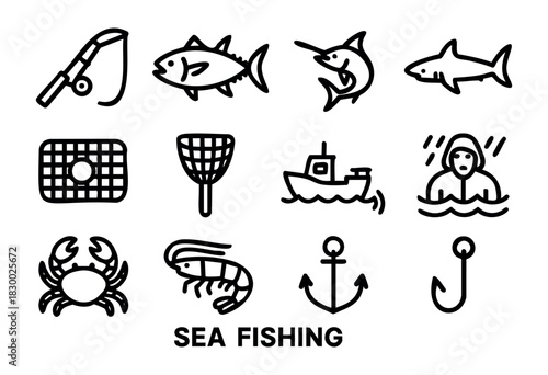 Collection of sea fishing icons, featuring marine life like tuna, swordfish, shark, crab, shrimp, and essential equipment such as fishing rod, boat, net, hook, anchor, and a fisherman.