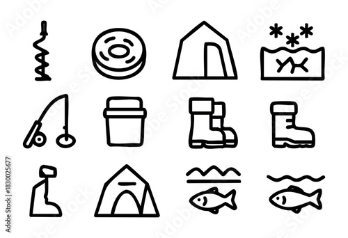 A collection of black outline icons depicting various elements of ice fishing and winter outdoor activities, including an ice auger, fishing rods, winter boots, a fishing tent, a bucket, and fish unde