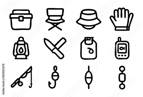 Fishing and camping essentials: a collection of black and white line art icons depicting various outdoor equipment such as a tackle box, folding chair, fishing hat, lantern, fishing rod, and fishing t