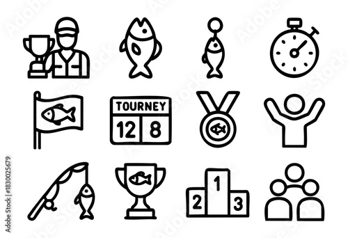 Fishing tournament: angler, trophy, fish, scoreboard, and other competition-related vector icons.