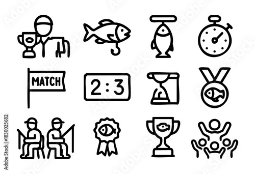 Fishing tournament: angler, trophy, fish, scoreboard, and other competition-related vector icons.