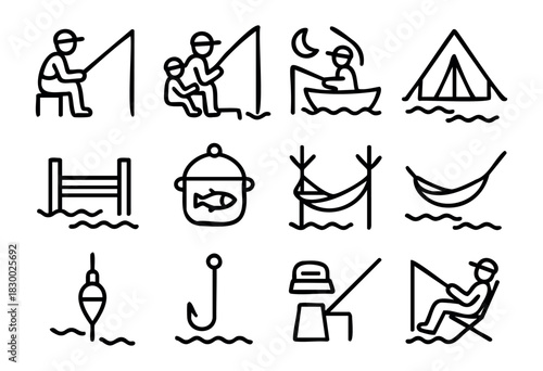 A collection of line art icons depicting various fishing and outdoor recreation activities and related items, including fishermen, a tent, a dock, and fishing gear.